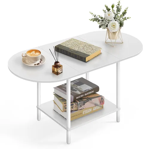 Miniatura 8 de Mesa de centro blanca para sala de estar, mesa central ovalada de mediados de siglo con estante de almacenamiento y superficie de madera, mesa de té
