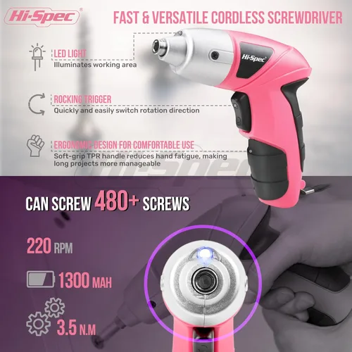 Miniatura 3 de Hi-Spec Destornillador eléctrico 19 piezas 3.6V rosa USB pequeño juego de destornillador de potencia. Destornillador inalámbrico y recargable