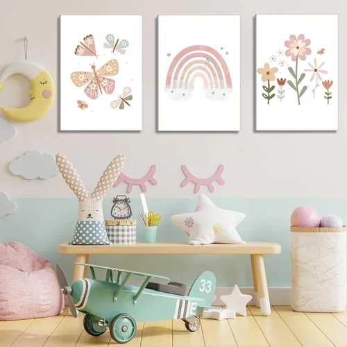 Miniatura 7 de Lienzo bohemio rosa para cuarto de bebé, arte de pared para habitación de niños, decoración de pared, diseño de flores de mariposa para niños