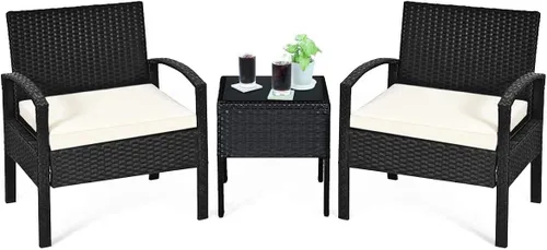 HAPPYGRILL Juego de 3 piezas para conversación de patio, juego de sillas de mimbre de ratán al aire libre con cojines de asiento, moderno juego de