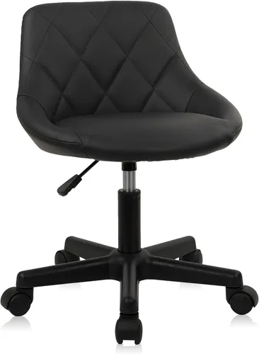 KLASIKA Black Low Back Rolling Stool PU Leather Vanity Stools, Adjustable Height Ergonomic Swivel Rolling Desk Stool Work Office Swivel Chair,