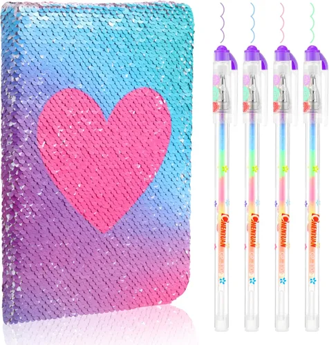 Miniatura 16 de Outus Diario de San Valentín con lentejuelas para niñas, 4 unidades, con bolígrafos de tinta de gel de color, cuaderno con purpurina, diario