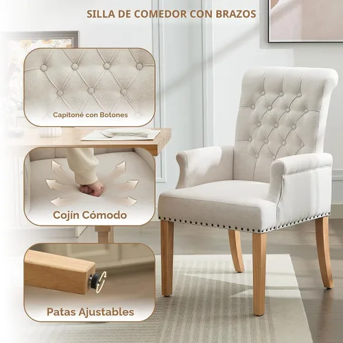 Miniatura 4 de WUTUTUEE Silla de comedor de tela con brazos, sillas de comedor tapizadas acolchadas de respaldo alto, sillón decorativo con patas de madera maciza