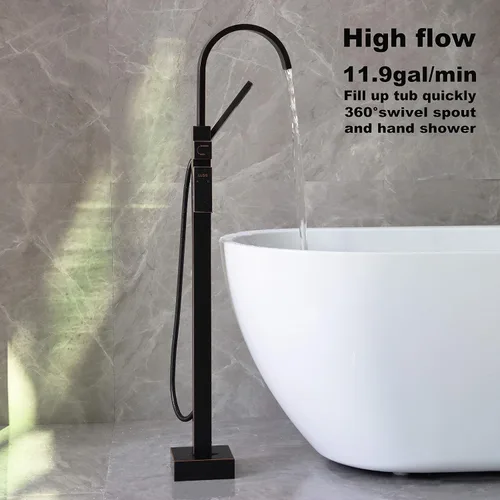 Miniatura 5 de Grifos de bañera independientes Llenadores de bañera negros Montaje en el piso Llenador de grifo para bañeras Bañeras LLGG Alto Flujo 11.9GPM Baño