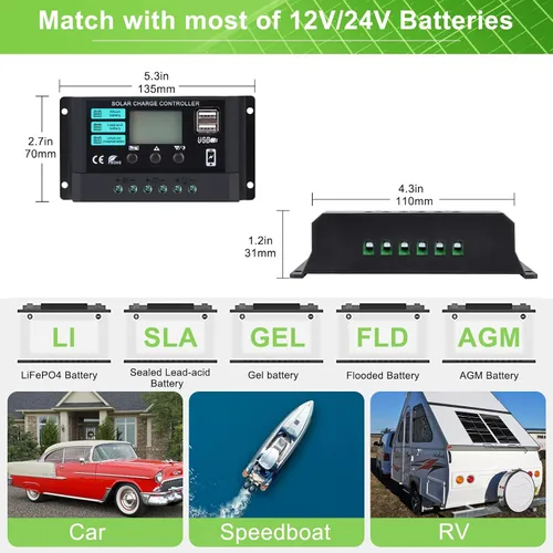 Miniatura 6 de Panel solar de 20W 12V monocristalino, kit de panel solar impermeable con controlador de carga de 10A para RV, remolque, auto, techo, granja