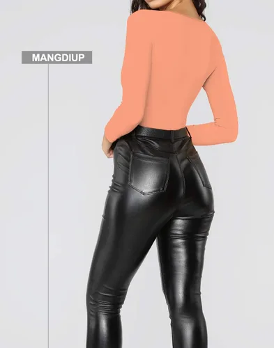 Miniatura 45 de MANGDIUP Body esencial para mujer, cuello redondo, manga larga, ajustado, elástico, de algodón y elastano