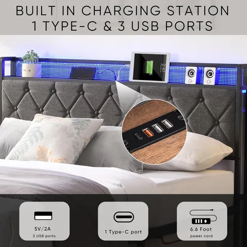 Miniatura 7 de Full Bed Frame Metal, Charging Station and Led Lights, Upholstered Platform Bed with Heavy Metal Slats, No Box Spring Needed, Noise Free, Easy