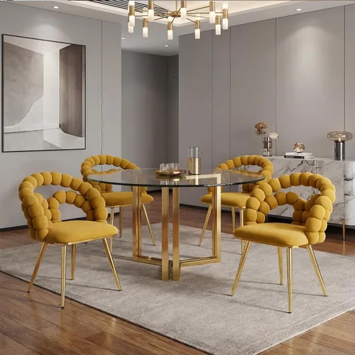 Miniatura 6 de Juego de 2 sillas de comedor de terciopelo, sillas decorativas tapizadas amarillas, sillas de barril con patas doradas para comedor, maquillaje