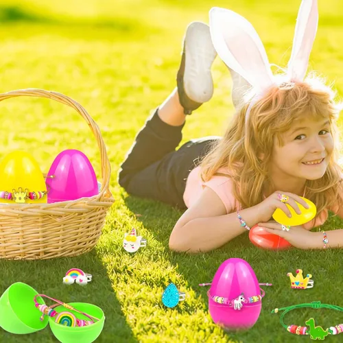 Miniatura 6 de Relleno de cesta de Pascua para niñas y niños, huevos de Pascua rellenos de 6 huevos con pulsera colorida y anillo en el interior, huevos de Pascua