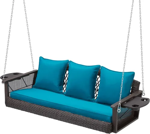 Miniatura 10 de HOMREST Columpio de mimbre para porche para 3 personas con portavasos mejorado, silla colgante de 56 pulgadas con cojines, columpio al aire libre
