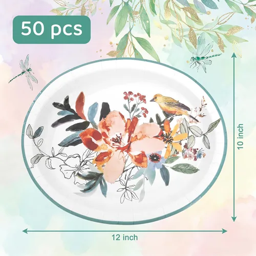 Miniatura 10 de WDF Paquete de 50 platos florales ovalados de papel, platos llanos desechables grandes de 10 x 12 pulgadas, platos desechables florales