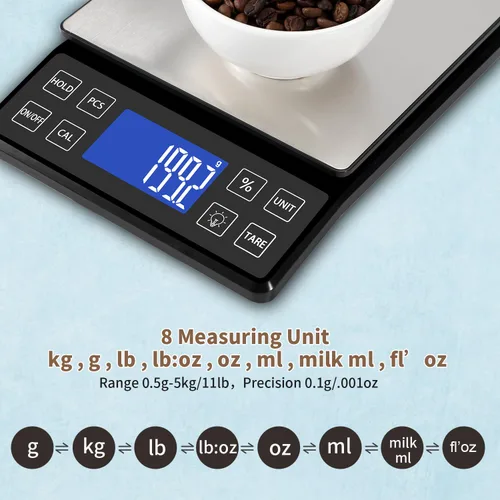 Miniatura 4 de SEMIER Báscula digital de cocina con alta precisión de 0.1 g/0.001 oz, báscula de panadería de alimentos de 5 kg/11 lb con % de función