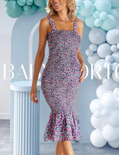 Miniatura 2 de Vestido de maternidad sin mangas con tirantes florales midi bodycon cuello cuadrado volantes sirena vestido fruncido para baby shower