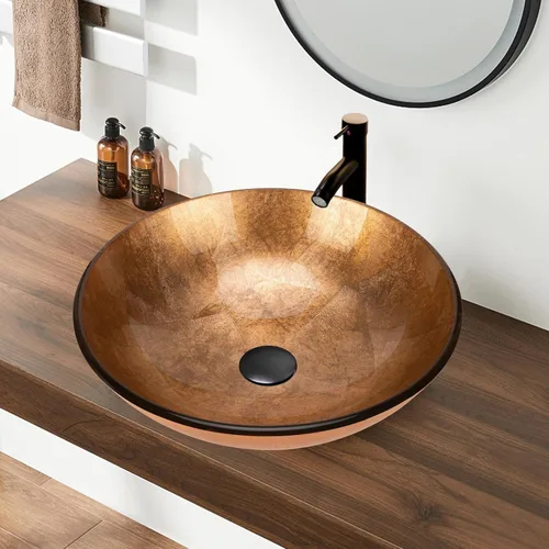 Miniatura 15 de Lavabo de Recipiente 16.5" Lavabos de Baño Vidrio Templado Verde Lavabo de Arte Cuenco Redondo con Combo de Grifo Verde, Lavabo de Encimera