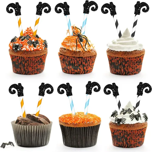 Miniatura 12 de Gyufise 24 adornos de Halloween para cupcakes con purpurina negra para dulce o truco de Halloween, decoraciones para baby shower, niños y niñas