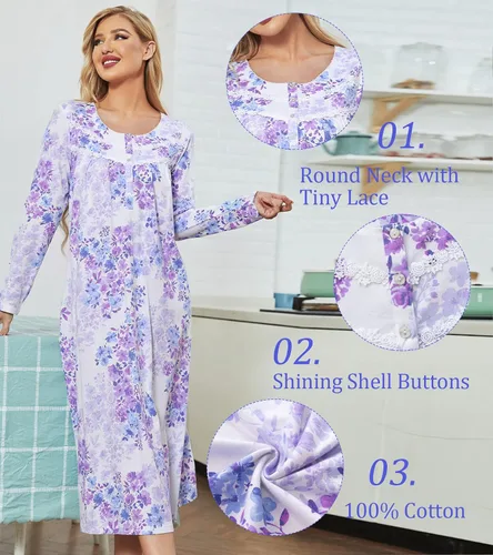 Miniatura 3 de IZZY + TOBY Camisones de algodón para mujer, de manga larga, suave, largo, cálido, vestido de noche con nudos, camisón para mujer