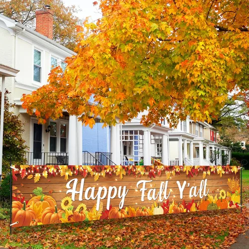 Cartel de Happy Fall Y'all para patio, decoración de cosecha de otoño con texto en inglés «Happy Fall Y'all», cartel para patio, hojas de arce de