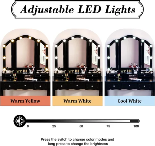 Miniatura 2 de BLEXA Juego de mesa de maquillaje de escritorio y taburete, tocador con luces y espejo con 5 cajones, 3 ajustes de luz de brillo ajustable