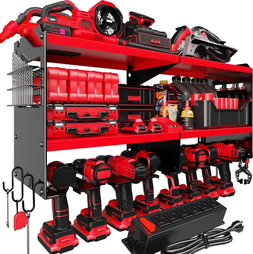 Miniatura 15 de Spampur Organizador grande de herramientas eléctricas de montaje en pared con estación de carga, estante de almacenamiento de herramientas de metal