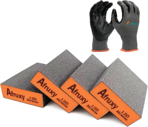 Miniatura 8 de Esponja de lijado, grano 60/80/120/220, paquete de 4 con guantes protectores, bloque de lijado de grano medio fino grueso, bloques de lijado secos
