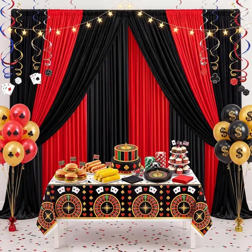 Miniatura 5 de HunnmingRe 6 piezas de decoración de fondo de casino de 2.5 x 10 pies, cortina de fondo de noche de casino negro y rojo para decoración