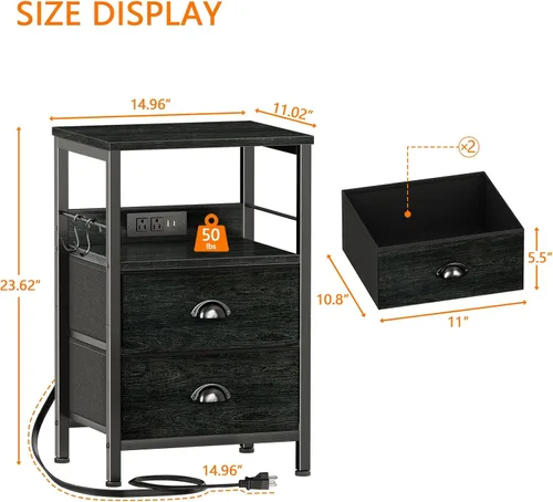 Miniatura 3 de Furologee - Juego de 2 mesitas de noche, roble negro, con estación de carga y puertos USB, mesas auxiliares con 2 cajones de tela, mesas de cabecera
