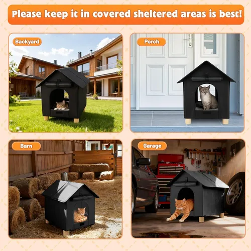 Miniatura 7 de FHTONGE Casa elevada para gatos al aire libre con alfombrilla lavable, refugio resistente a la intemperie para gatos con 2 salidas, perrera aislada