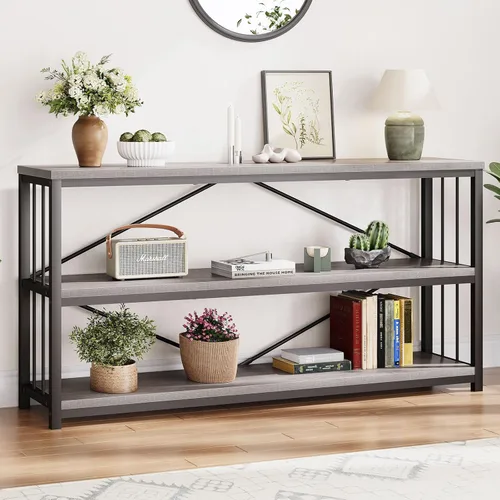 Miniatura 23 de LVB Mesa consola industrial, mesa de sofá de metal y madera, mesa de entrada rústica con almacenamiento, moderno estante de 3 niveles mesa larga