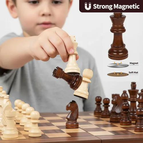 Miniatura 4 de Rinten Juego de ajedrez magnético de madera de 12 a 7 pulgadas, juego de tablero de ajedrez plegable portátil de viaje, juego de estrategia