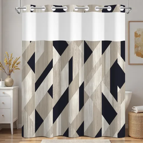Miniatura 17 de No Hook Geometric Shower Curtain with Snap in Liner - 71″W x 74″L Waterproof Fabric with Mesh Top Window, Modern Abstract Triangle Design Bath