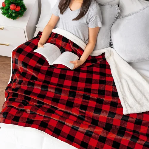 Miniatura 3 de PAVILIA Manta Sherpa a cuadros Buffalo negros y rojos para sofá individual, manta de franela suave y esponjosa para cama, manta de forro polar a