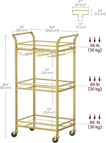 Miniatura 6 de VASAGLE Carrito de Bar, Carrito de Servicio de Bar para el Hogar, Carrito de Servicio de Bar Pequeño con Estante de 3 Niveles, Portabotellas