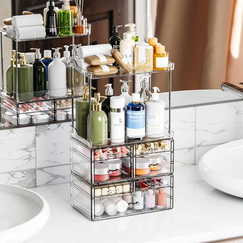 Miniatura 8 de Paquete de 3 organizadores de baño y encimera de almacenamiento con 7 cajones, organizador apilable, organizador de cuidado de la piel de gran