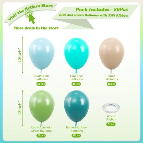 Miniatura 2 de Kelfara Globos de color azul polvoriento y verde, 80 globos retro de 12 pulgadas, color verde aguacate, azul mar, azul azulado, nude