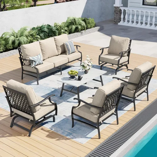 Miniatura 52 de SUNSHINE VALLEY Juego de muebles de patio al aire libre de 7 piezas, moderno juego de conversación de patio exterior con cojín extra grueso de 5.75