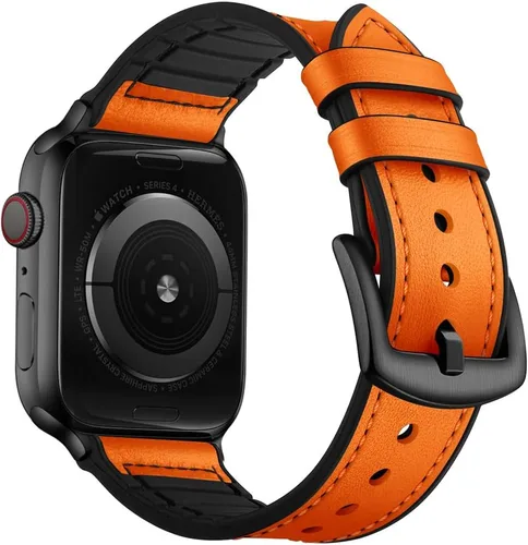Miniatura 12 de OUHENG Correas de cuero compatibles con Apple Watch de 42mm 41mm 40mm 38mm, correa híbrida de cuero genuino y goma para iWatch Series 11 10 9 8 7 6