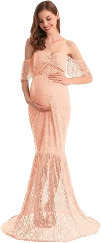 Miniatura 2 de AYMENII Vestido de maternidad de encaje de sirena con hombros descubiertos con volantes de manga de fotoshoot de boda de noche vestido de ducha