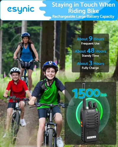 Miniatura 5 de eSynic Kit de 3 walkie talkies de 3 millas de largo alcance, diseño resistente, linterna y VOX manos libres, batería recargable de 1500 mAh