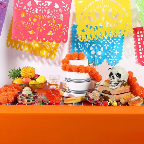 Miniatura 5 de Preboun Mantel de plástico mexicano y pancarta de papel picado mexicano, suministros de decoración de fiesta, cubierta de mesa para mesas Colorido