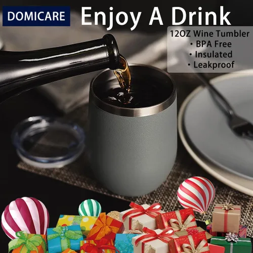 Miniatura 6 de DOMICARE - Vaso de vino de 12 onzas con tapa, hecho de acero inoxidable con aislamiento al vacío de doble pared, paquete de 1 unidad, color gris