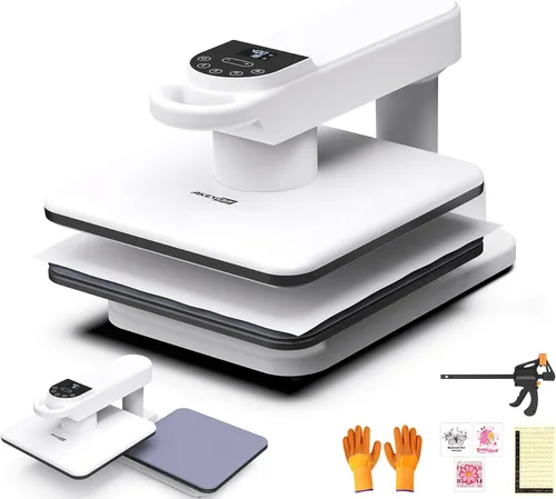 Miniatura 9 de Máquina de prensa de calor automática de doble banco de trabajo, 360° Swing Away 15x15 prensa inteligente para camisetas con liberación automática