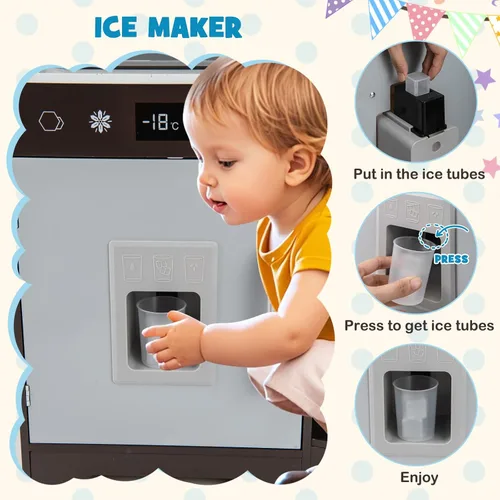 Miniatura 7 de Costzon Juego de cocina esquinera para niños, juego de cocina de juguete de madera con campana extractora de luces y sonidos, máquina de hielo