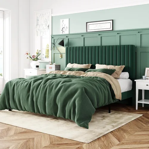 Miniatura 25 de Allewie - Base de cama tamaño King con cabecera acolchada tapizada en terciopelo y diseño acanalado vertical ajustable; plataforma de cama con base