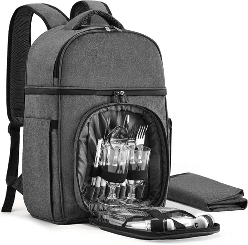 Miniatura 8 de Vogano Mochila de pícnic y accesorios - Juego de pícnic para 2 personas con 2 compartimentos aislados de refrigeración, manta ligera y juego