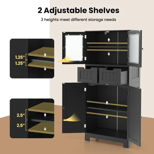 Miniatura 6 de LOKO Armario de piso de baño, organizador de almacenamiento con puertas de vidrio, armario de cocina de madera con estante ajustable para sala