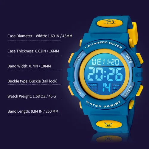Miniatura 5 de Reloj analógico para niños, reloj para niños de 6 a 15 años, reloj digital para deportes al aire libre, multifuncional con cronógrafo LED 50 M