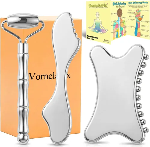 Juego de rodillo facial de acero inoxidable 3 en 1 y Gua Sha – Herramientas de masaje facial de enfriamiento para esculpir, deshinchar y definir la