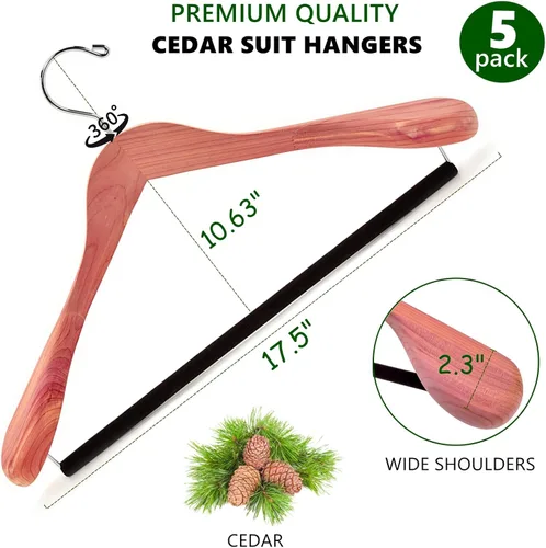 Miniatura 2 de Amber Home Paquete de 5 perchas de cedro para trajes con hombro extra ancho, perchas de madera para abrigos y chaquetas, perchas de cedro natural