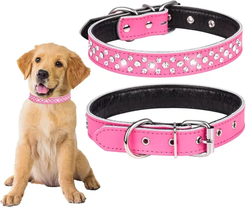 Miniatura 10 de Collares de piel auténtica con diamantes de imitación para perros pequeños y medianos de 1 pulgada de ancho Rosado