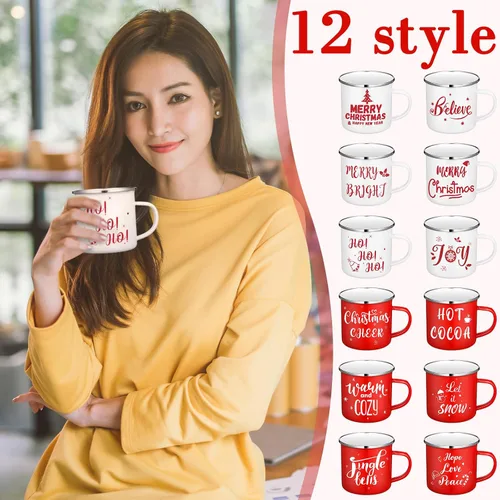 Miniatura 5 de Juego de 12 tazas de café de Navidad, tazas de esmalte blanco y rojo de 12 oz, tazas novedosas divertidas para las fiestas, para mujeres, hombres